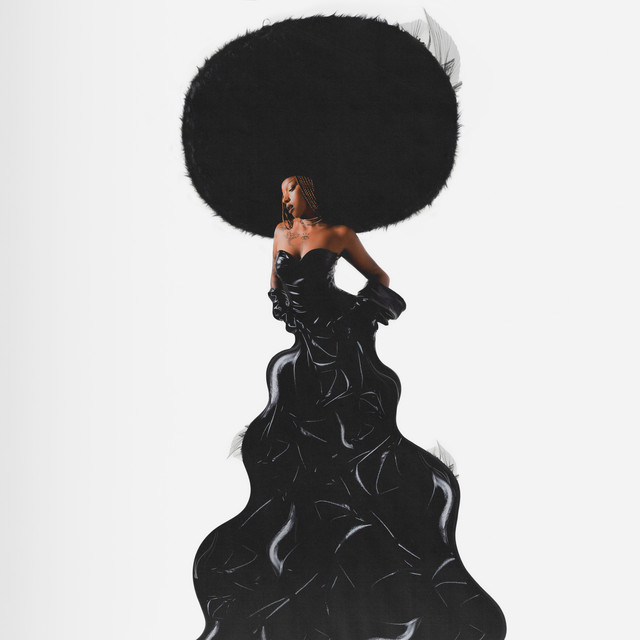 Album cover: Lynn in a sculptural black vinyl gown beneath an enormous rounded black afro silhouette, against an off-white background.